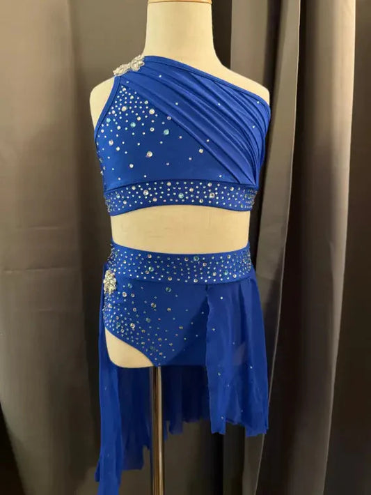 Blue, jeweled dance costume.
