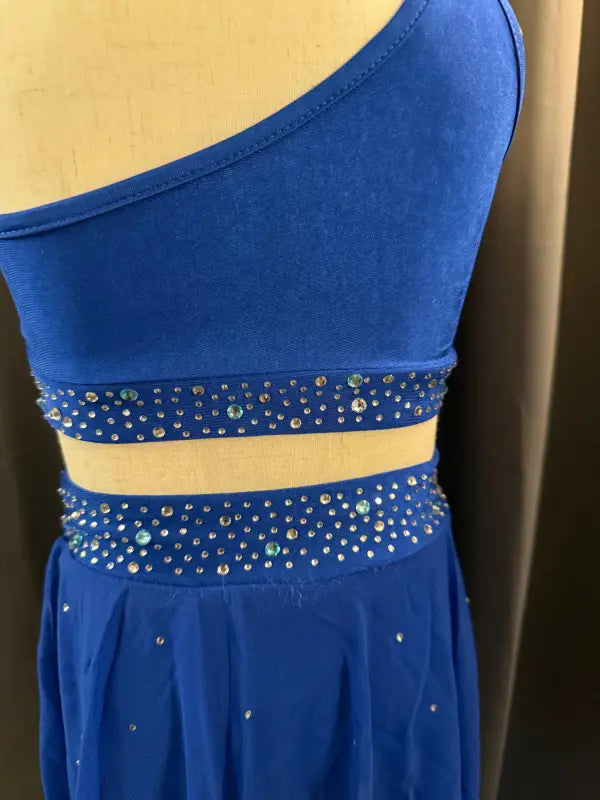 Blue, jeweled dance dress.