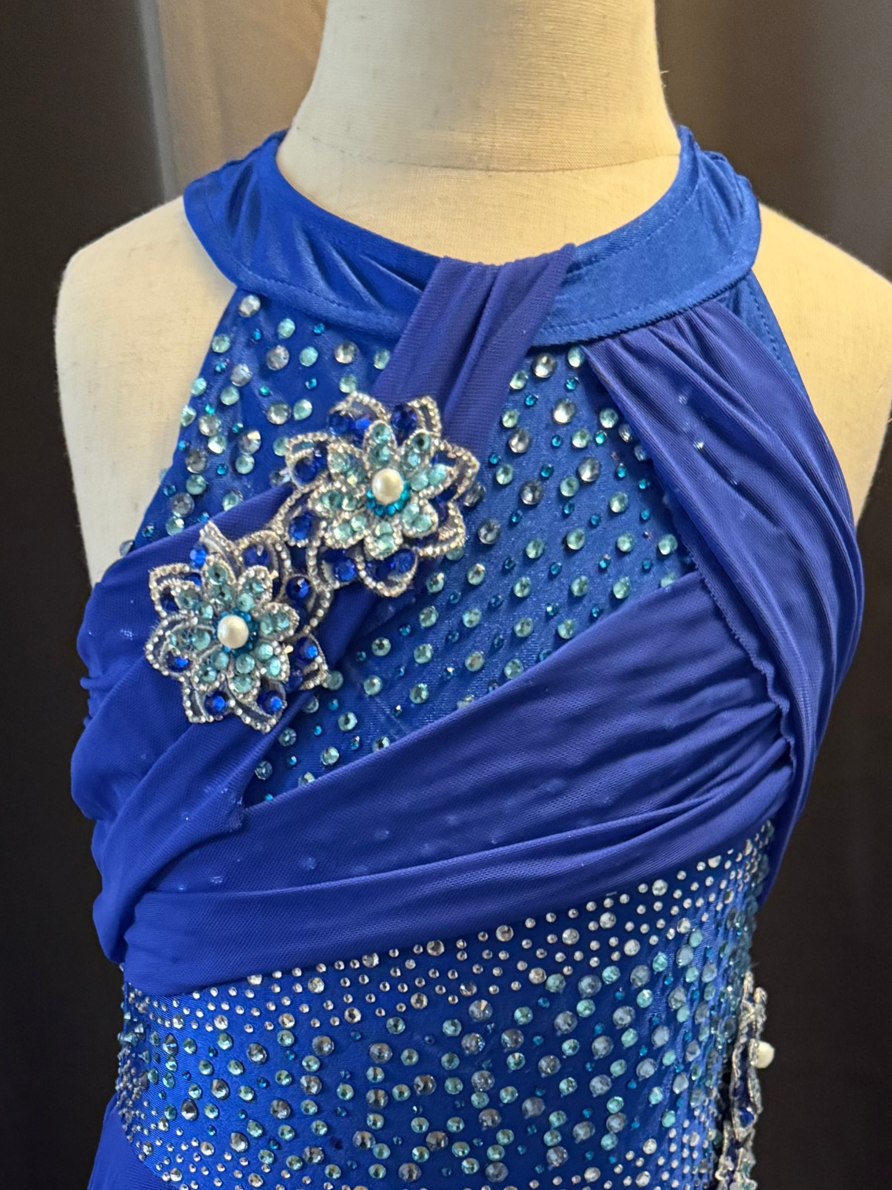 Sapphire Breeze – Royal Blue Lyrical Dance Costume with Teal & Clear Rhinestones Floral Accents and Sheer Chiffon Skirt