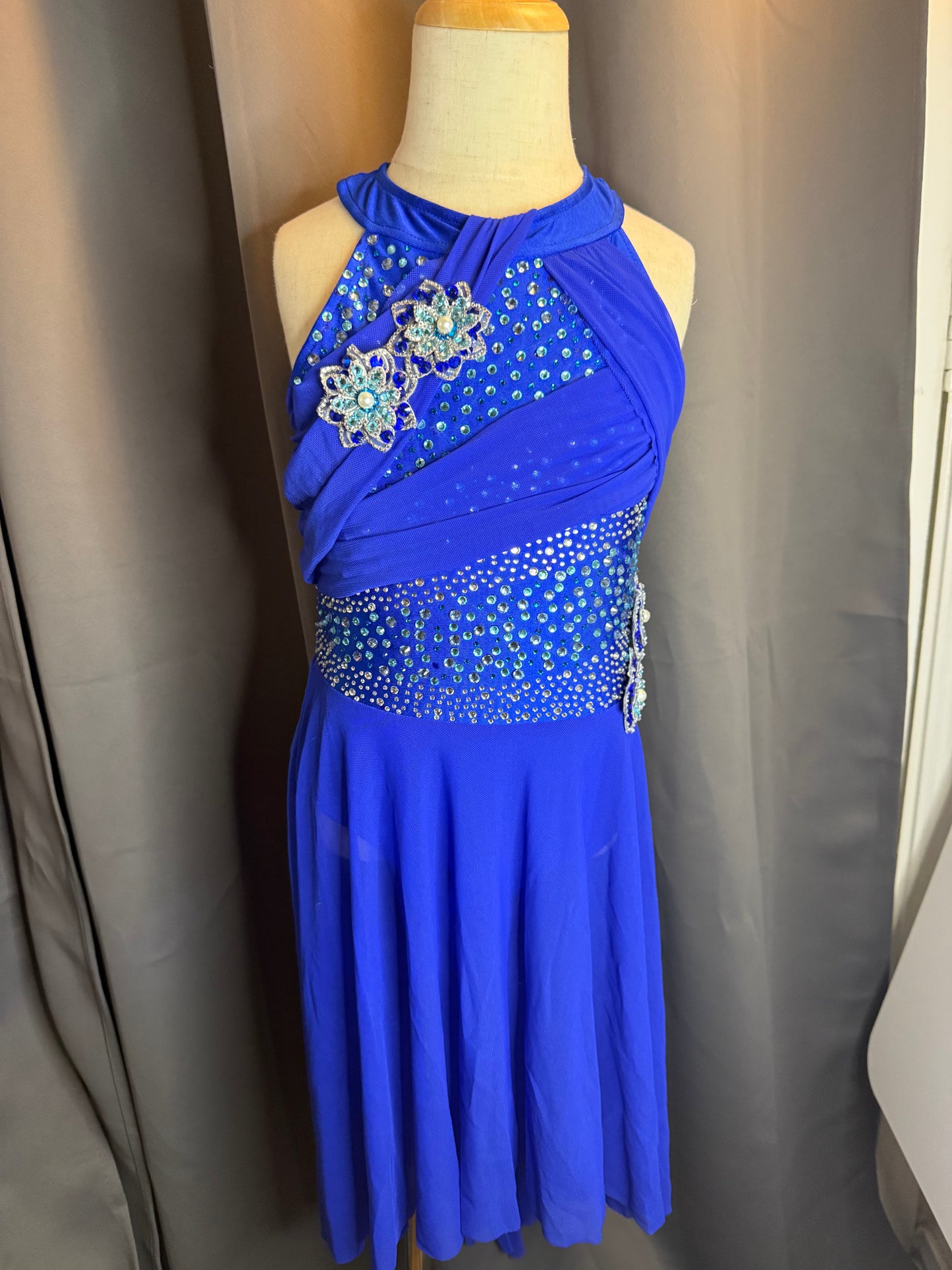 Sapphire Breeze – Royal Blue Lyrical Dance Costume with Teal & Clear Rhinestones Floral Accents and Sheer Chiffon Skirt