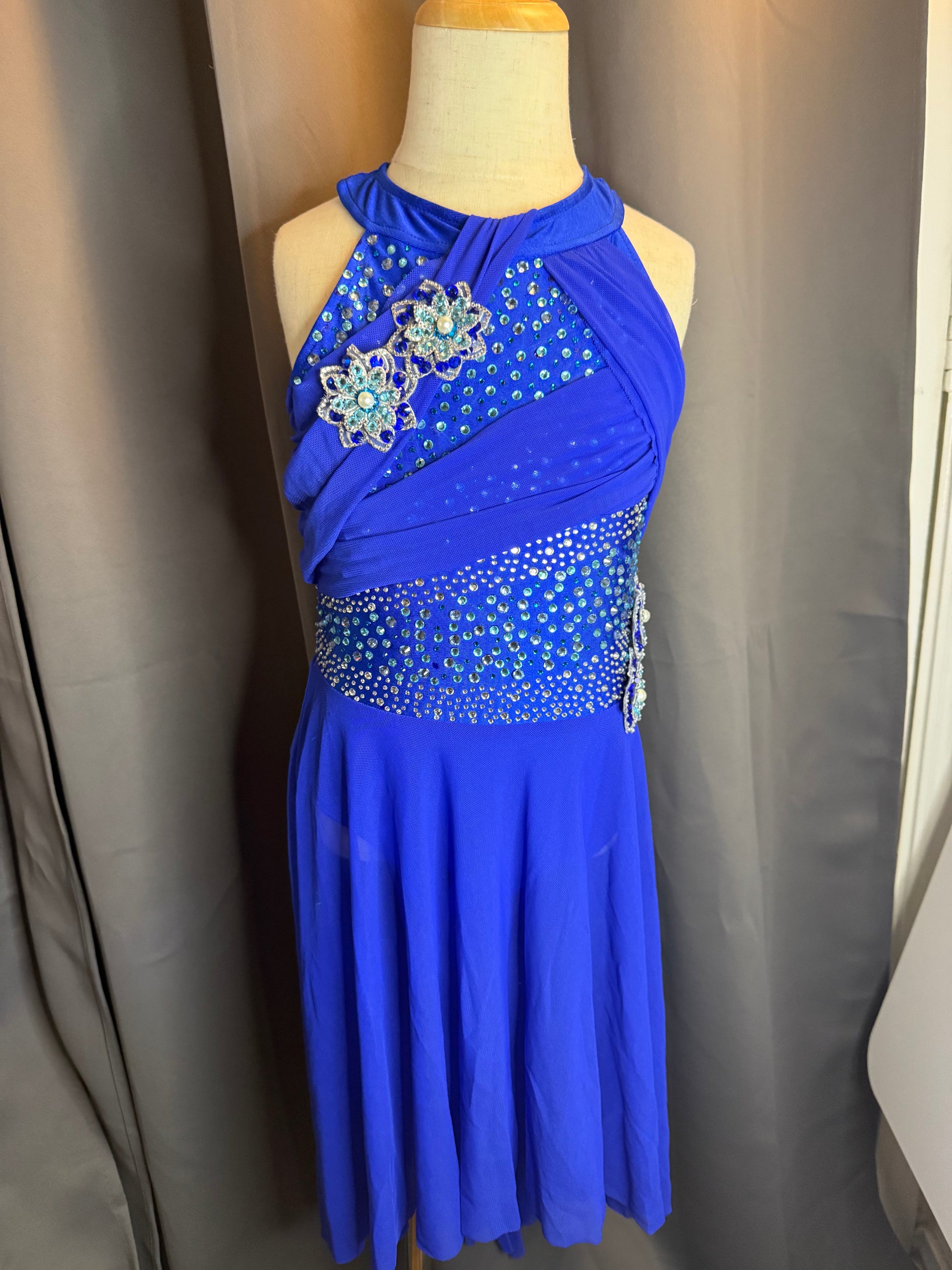 Sapphire Breeze – Royal Blue Lyrical Dance Costume with Teal & Clear Rhinestones Floral Accents and Sheer Chiffon Skirt