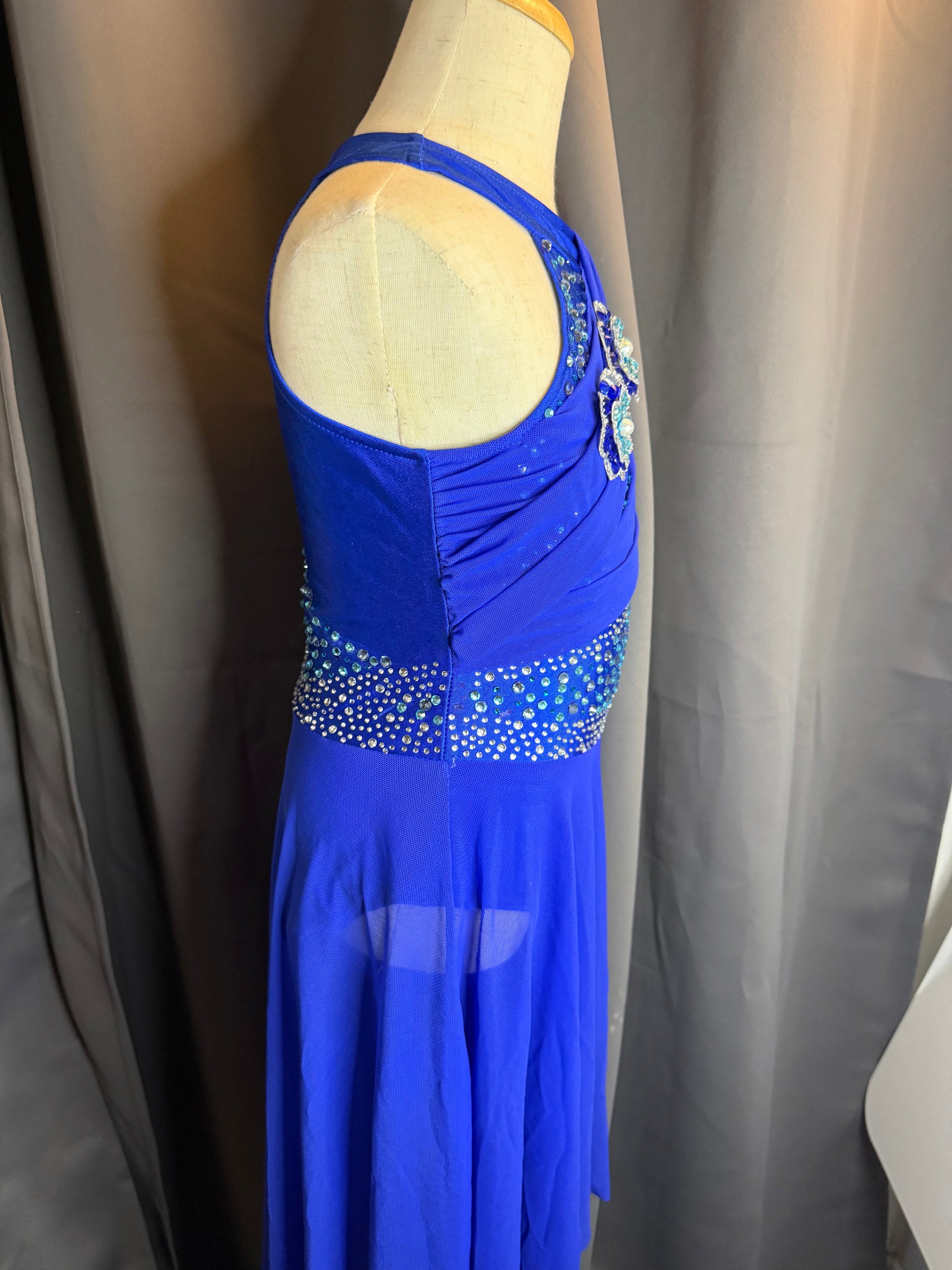 Sapphire Breeze – Royal Blue Lyrical Dance Costume with Teal & Clear Rhinestones Floral Accents and Sheer Chiffon Skirt