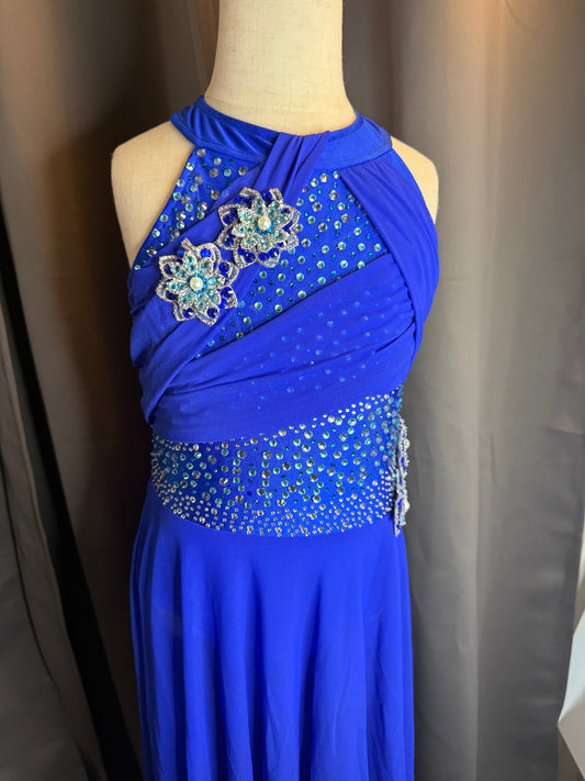 Sapphire Breeze – Royal Blue Lyrical Dance Costume with Teal & Clear Rhinestones Floral Accents and Sheer Chiffon Skirt