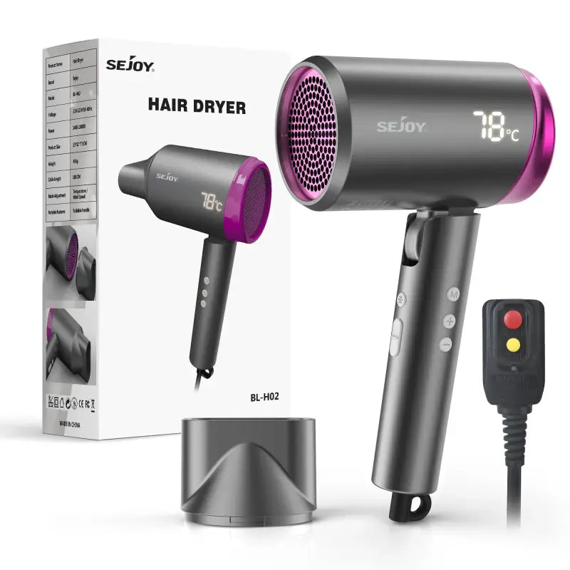 Gray hair dryer with digital display.