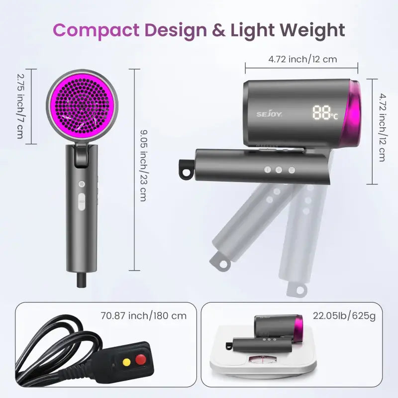 Compact, lightweight hair dryer with dimensions and weight information.