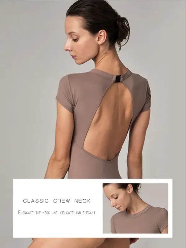 Taupe leotard with an open back design and crew neckline.