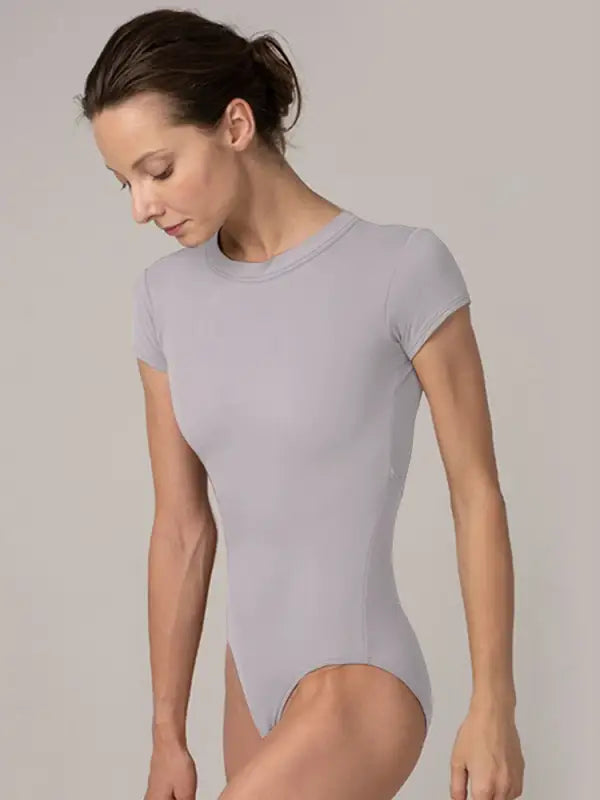 Light gray short-sleeved bodysuit with a round neckline.
