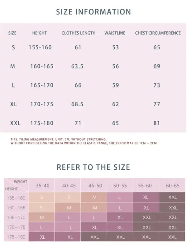 Size chart showing clothing measurements and weight-to-height ratio guidelines.