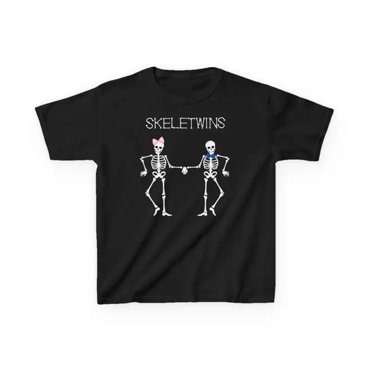 Black t-shirt featuring two dancing skeleton figures with the text ’SKELETWINS’ above them.