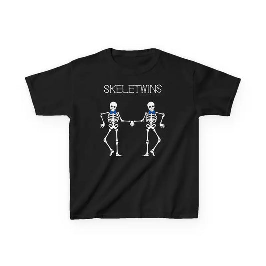Black t-shirt featuring two dancing skeleton figures with ’SKELETWINS’ text above them.