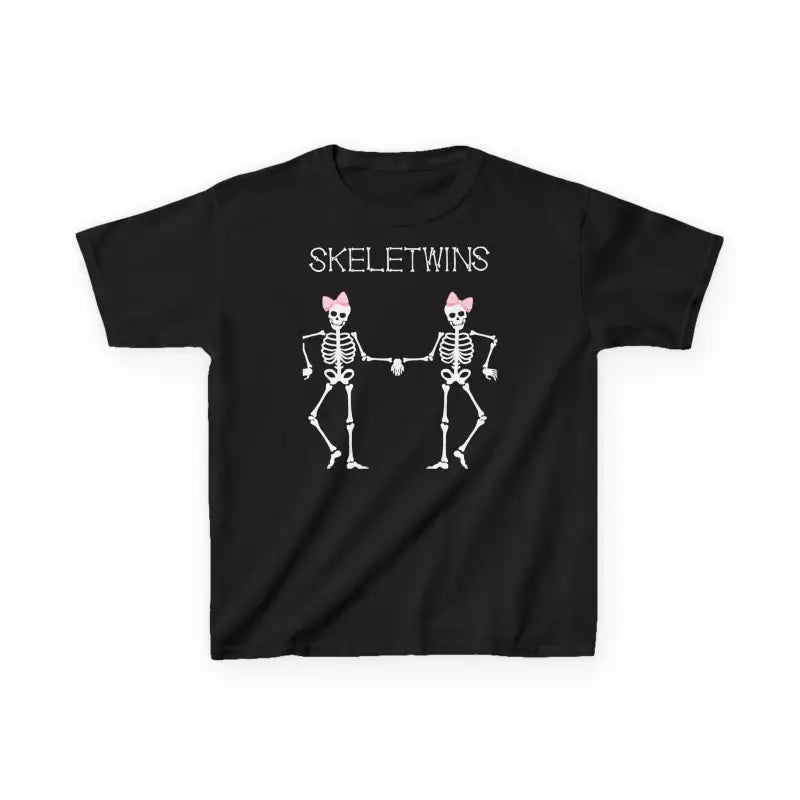 Black t-shirt featuring two dancing skeleton figures with pink bows and ’SKELETWINS’ text.