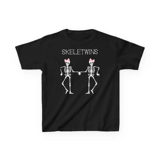 Black t-shirt featuring two dancing skeleton figures with pink bows and ’SKELETWINS’ text.