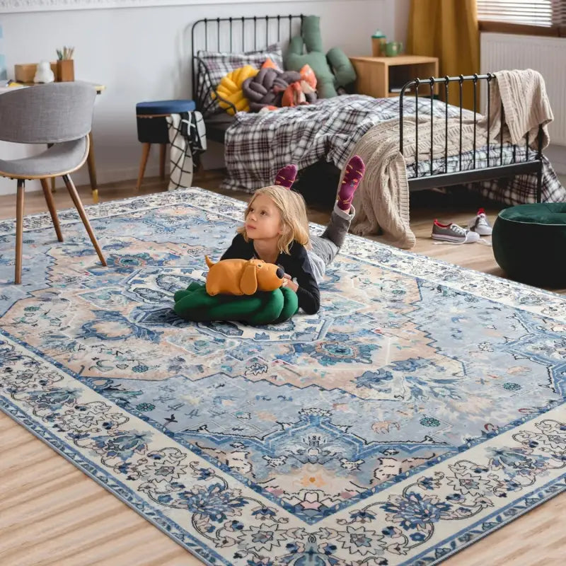Soft Vintage Floral Area Rug – Non-Slip Low-Pile Carpet for Living Room Bedroom Dining & Kitchen - Beige / 245cmx305cm