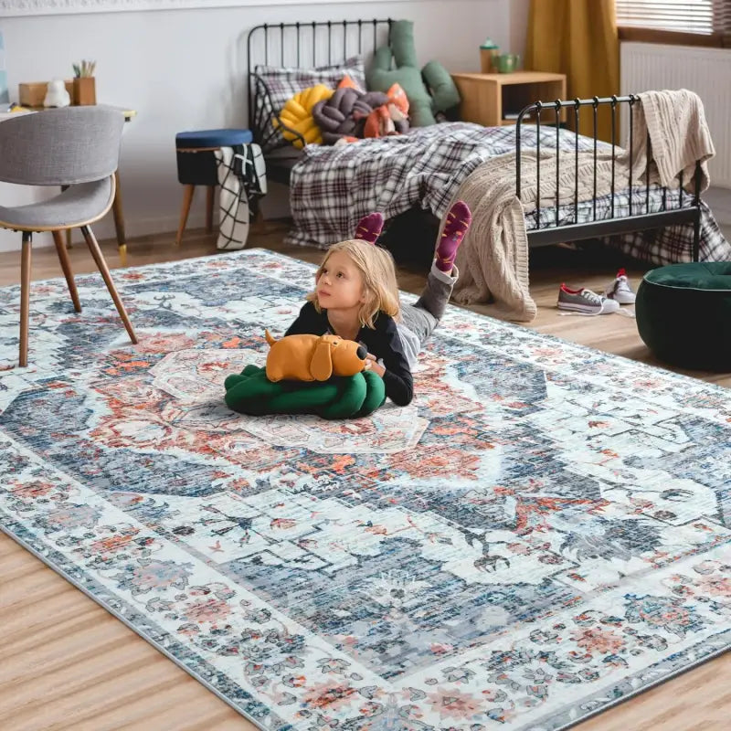 Soft Vintage Floral Area Rug – Non-Slip Low-Pile Carpet for Living Room Bedroom Dining & Kitchen - Blue / 122cmx183cm