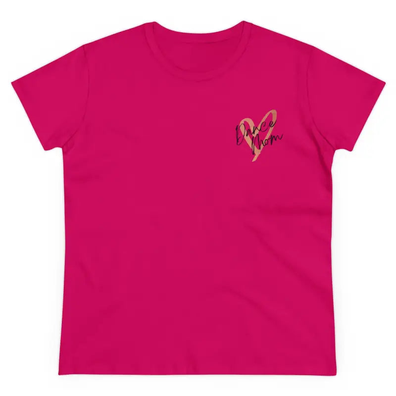 Hot pink t-shirt with a small heart design on the chest.