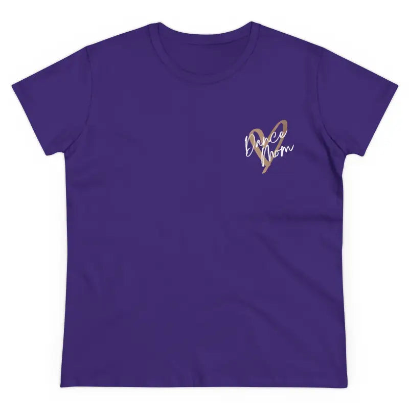 Purple t-shirt with a small metallic heart design on the chest.