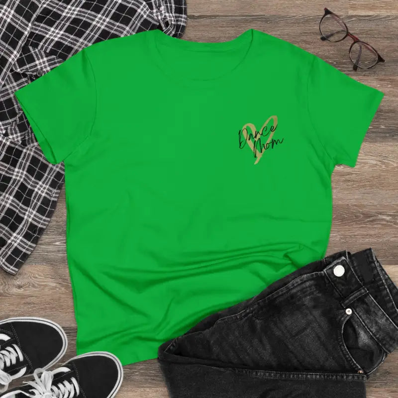 Bright green t-shirt with a small gold design on the chest.