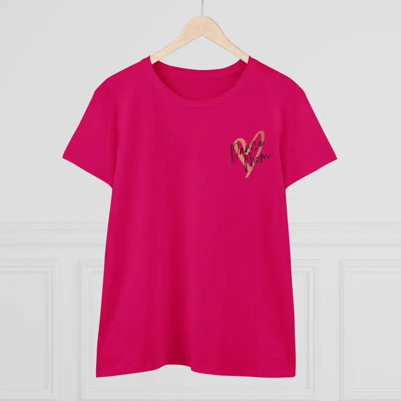 Hot pink t-shirt with a small heart design on the chest.