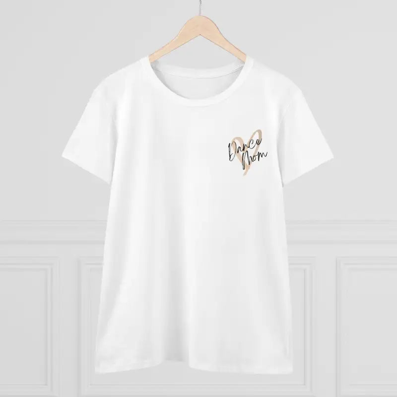 White t-shirt with small gold text design on the chest.