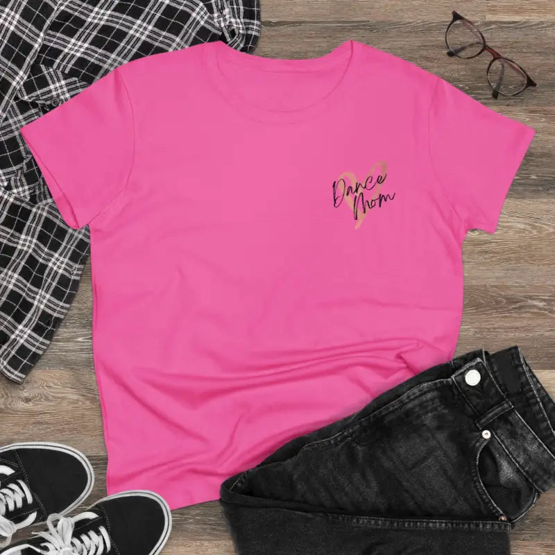 Hot pink t-shirt with small text embroidered on the chest.