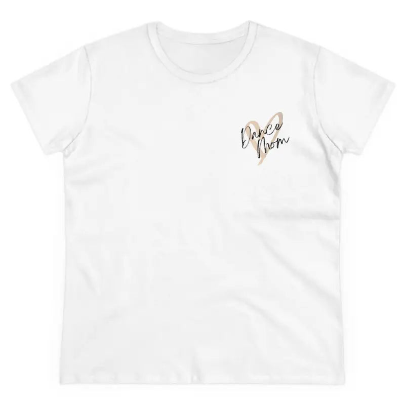 White t-shirt with small gold-colored text on the chest area.