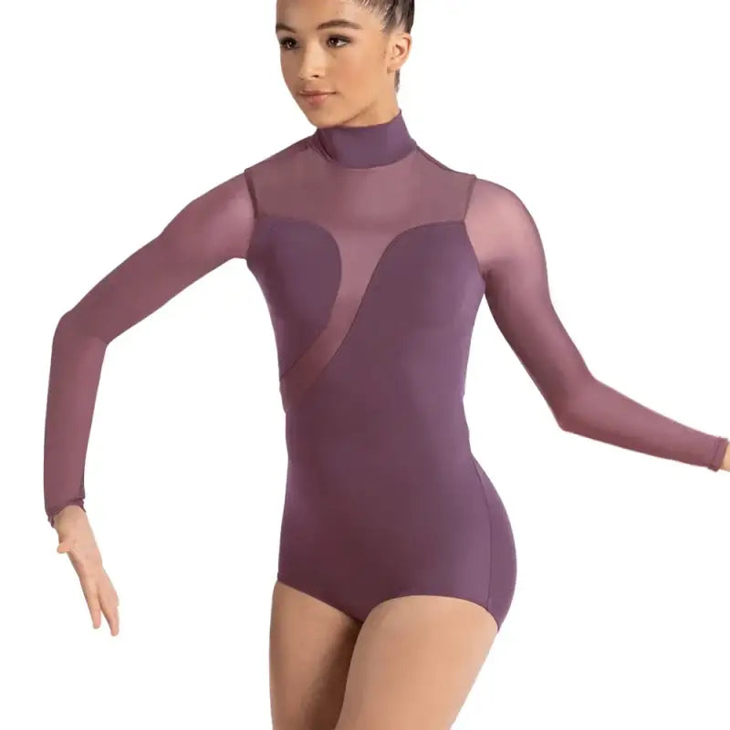 Splice Leotard for Girls & Women Long High Neck Contemporary Ballet Dance Costume - Grey Rose / LC