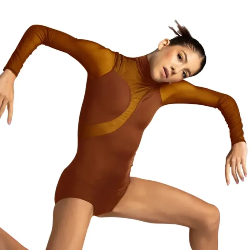 Splice Leotard for Girls & Women Long High Neck Contemporary Ballet Dance Costume - Coffee / LA