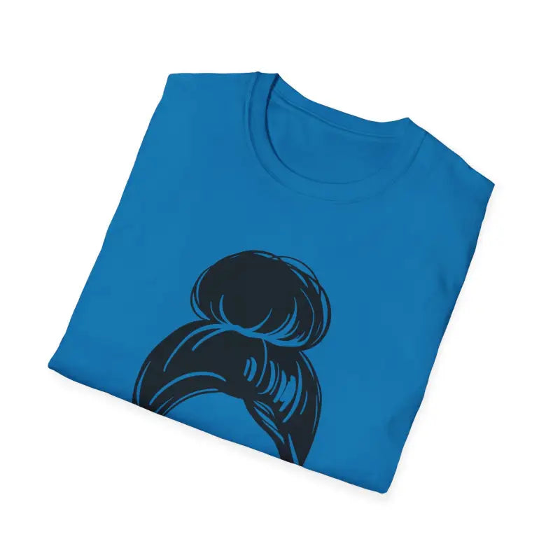 Blue t-shirt with a black messy bun hairstyle graphic design.
