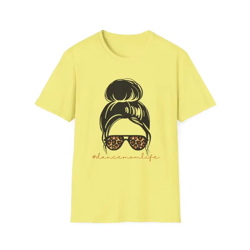 Yellow t-shirt featuring a black graphic design of a messy bun hairstyle and sunglasses with leopard print frames.