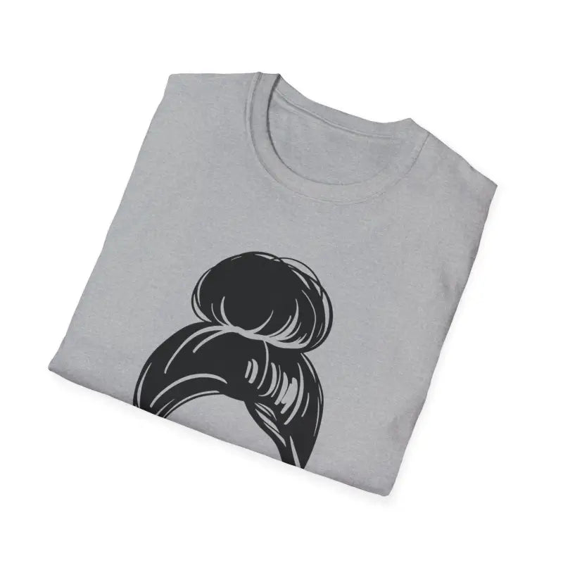 Gray t-shirt with a black messy bun hairstyle graphic design.
