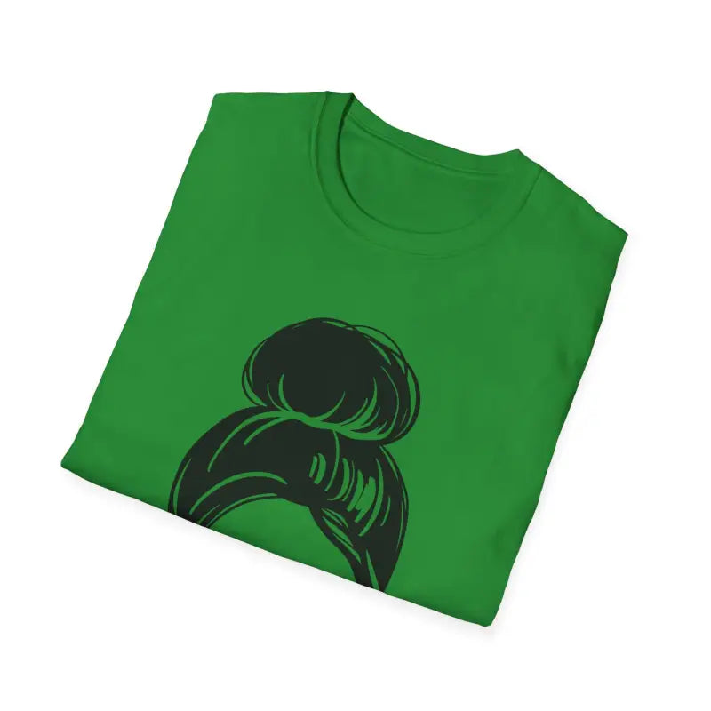 Green t-shirt with a black hair bun design printed on it.