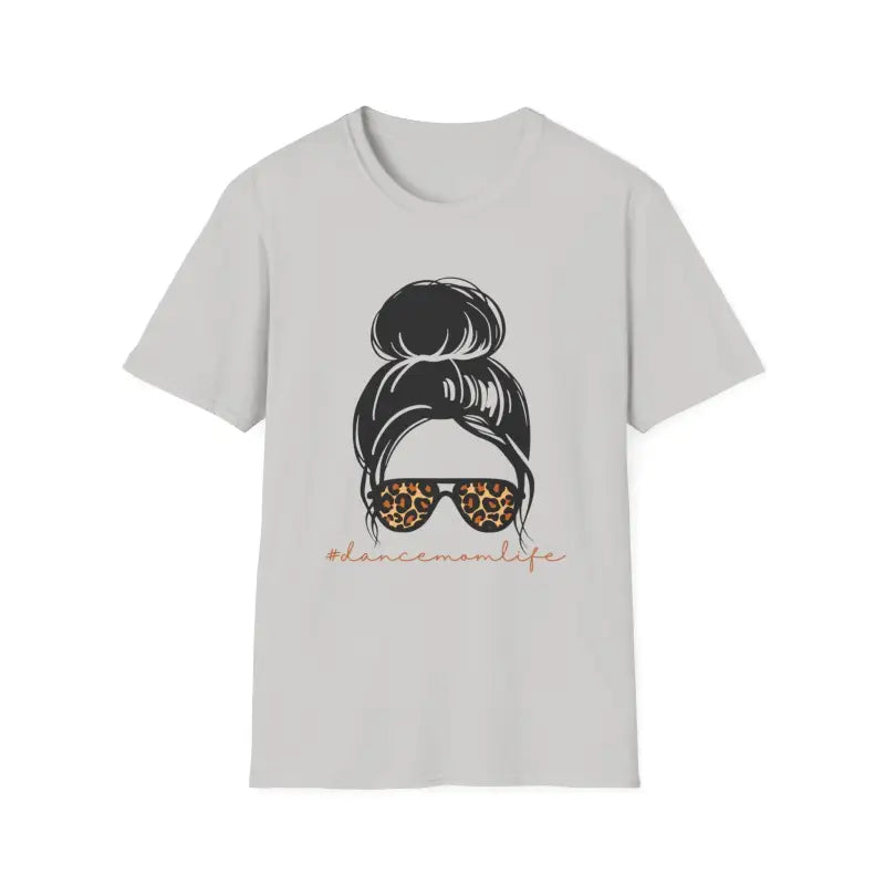 Light gray t-shirt featuring a graphic design of a messy bun hairstyle and leopard print sunglasses.
