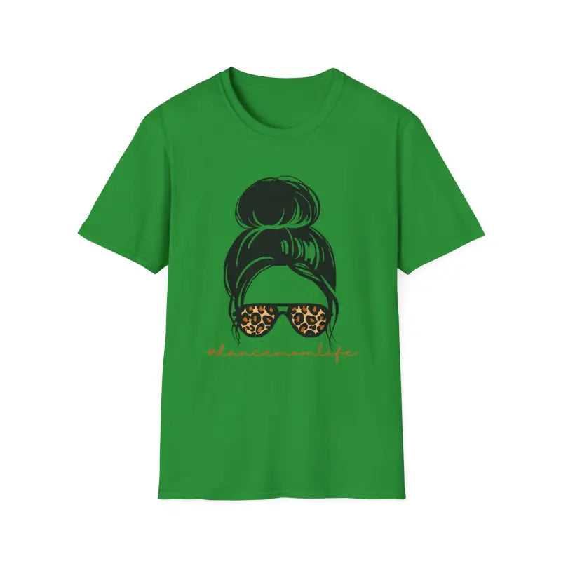Green t-shirt featuring a messy bun hairstyle and leopard print sunglasses graphic design.