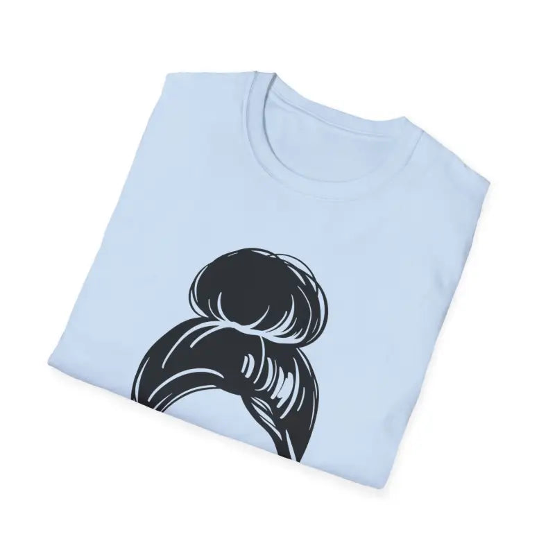 Light blue t-shirt with a black messy bun hairstyle graphic design.