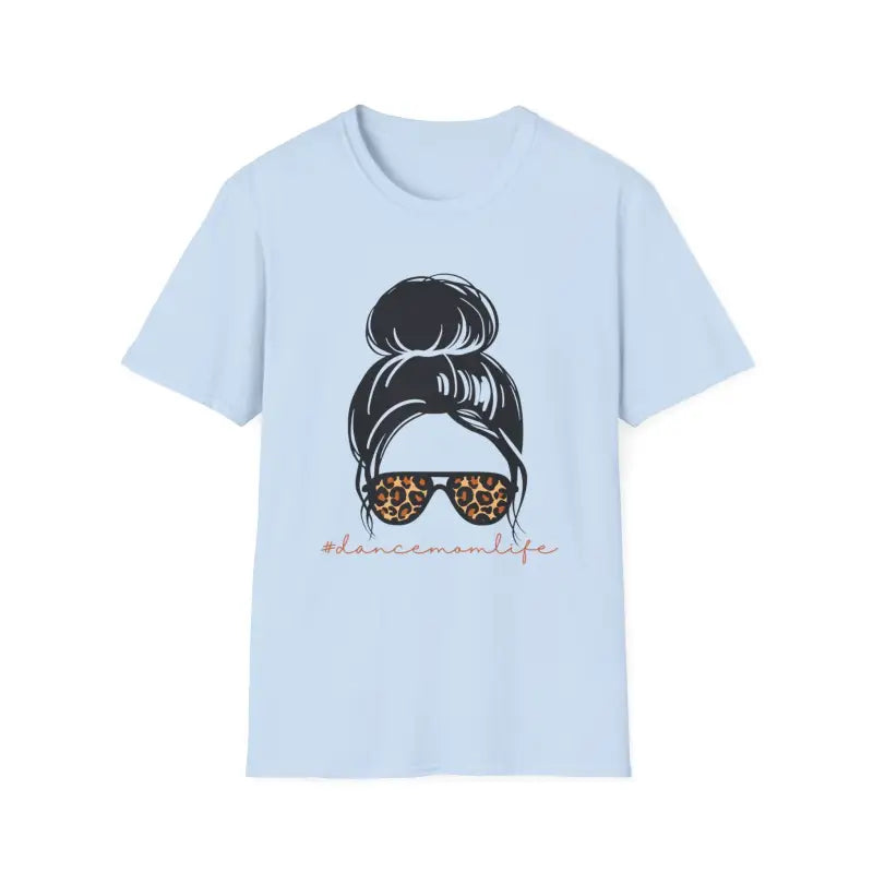 Light blue t-shirt featuring a messy bun hairstyle graphic with leopard print sunglasses.