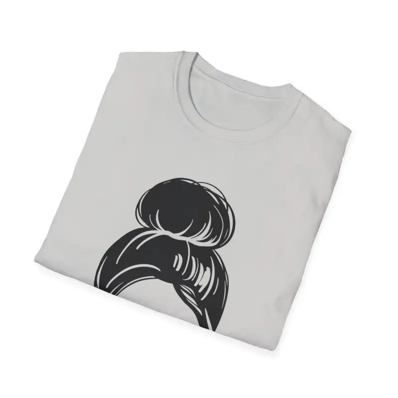Light gray t-shirt featuring a black messy bun hairstyle graphic design in the corner.