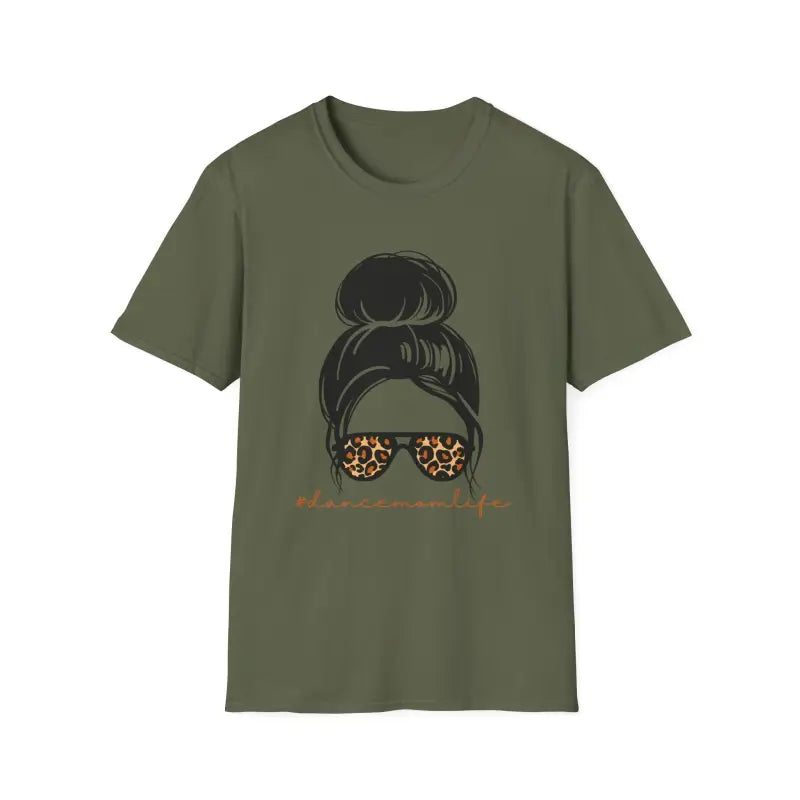 Olive green t-shirt featuring a messy bun hairstyle with leopard print sunglasses graphic design.