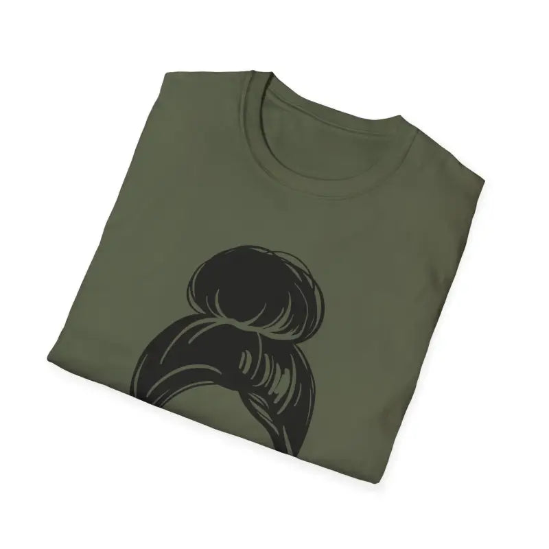 Olive green t-shirt with a black messy bun hairstyle graphic design.