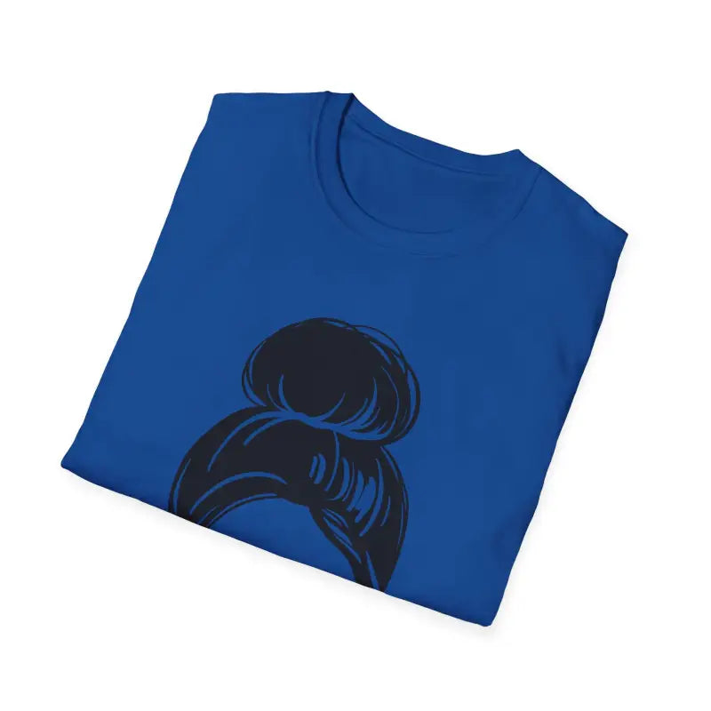 Royal blue t-shirt with a black hair bun design printed on it.
