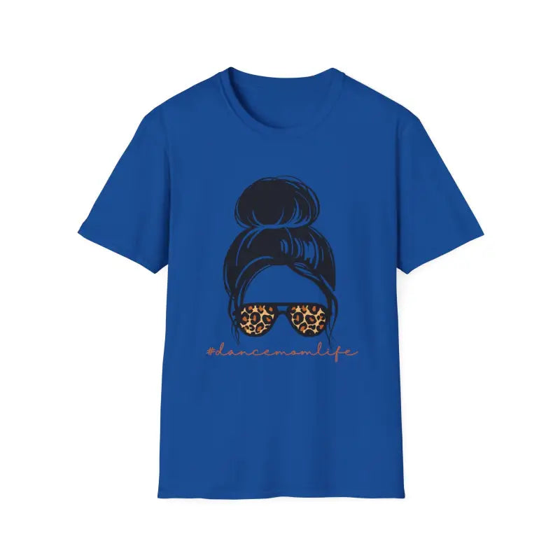 Royal blue t-shirt featuring a graphic design of a messy hair bun and leopard print sunglasses.