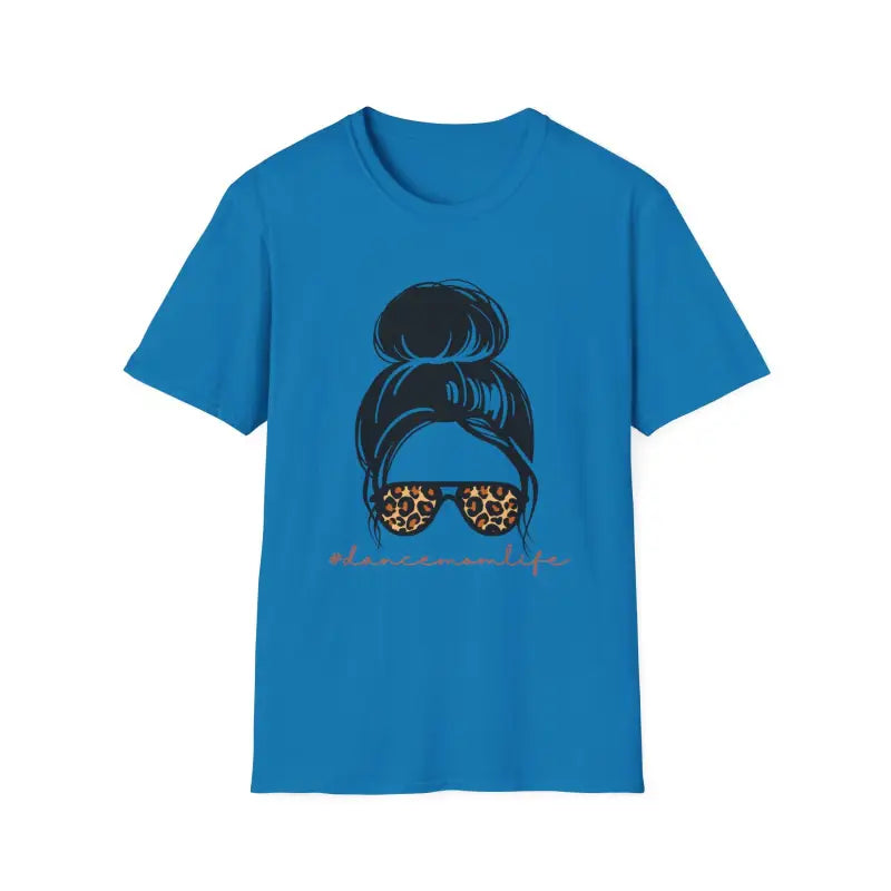 Blue t-shirt featuring a graphic design of a messy bun hairstyle and leopard print sunglasses.