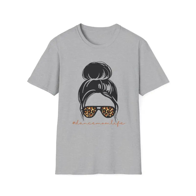 Gray t-shirt featuring an illustration of a messy bun hairstyle and leopard print sunglasses.