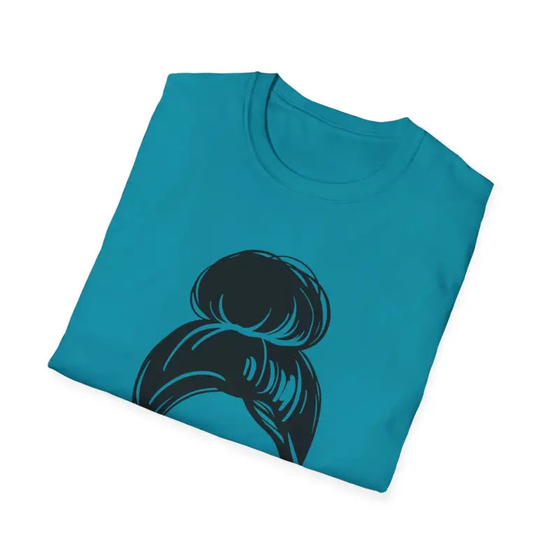 Teal t-shirt with a black messy bun hairstyle graphic design.