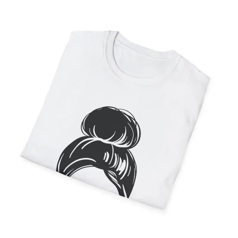 White t-shirt with a black messy bun hairstyle graphic design.