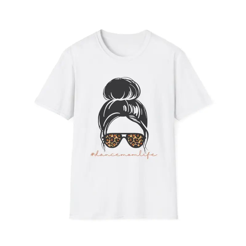 White t-shirt featuring a messy bun hairstyle illustration with leopard print sunglasses.