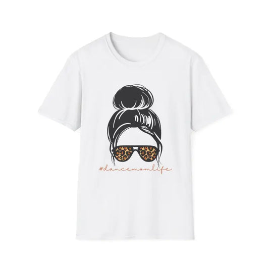 White t-shirt featuring a messy bun hairstyle illustration with leopard print sunglasses.