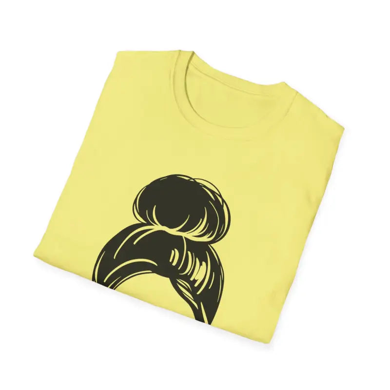 Yellow t-shirt with a black messy bun hairstyle graphic design.