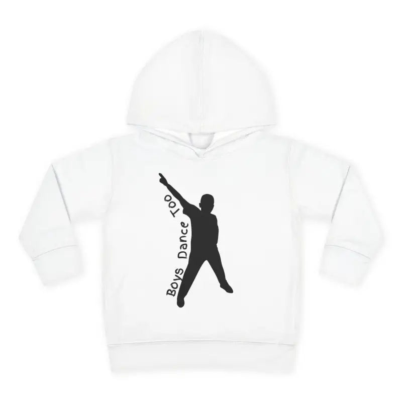 White hoodie with a black silhouette figure design and text.