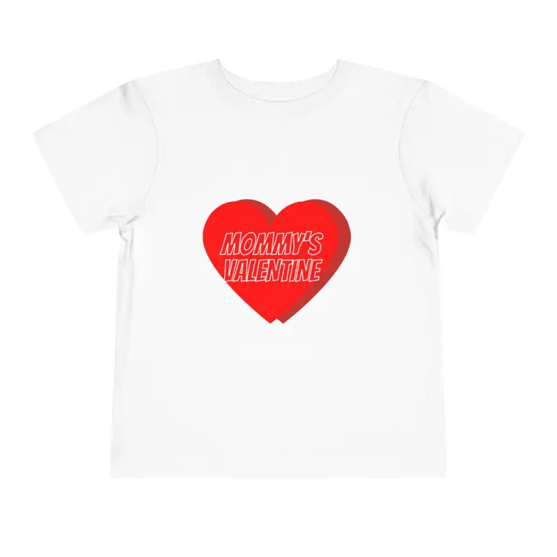 White t-shirt with a red heart design that says ’MOMMY’S VALENTINE’