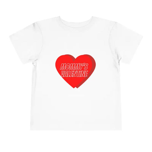 White t-shirt with a red heart design that says ’MOMMY’S VALENTINE’